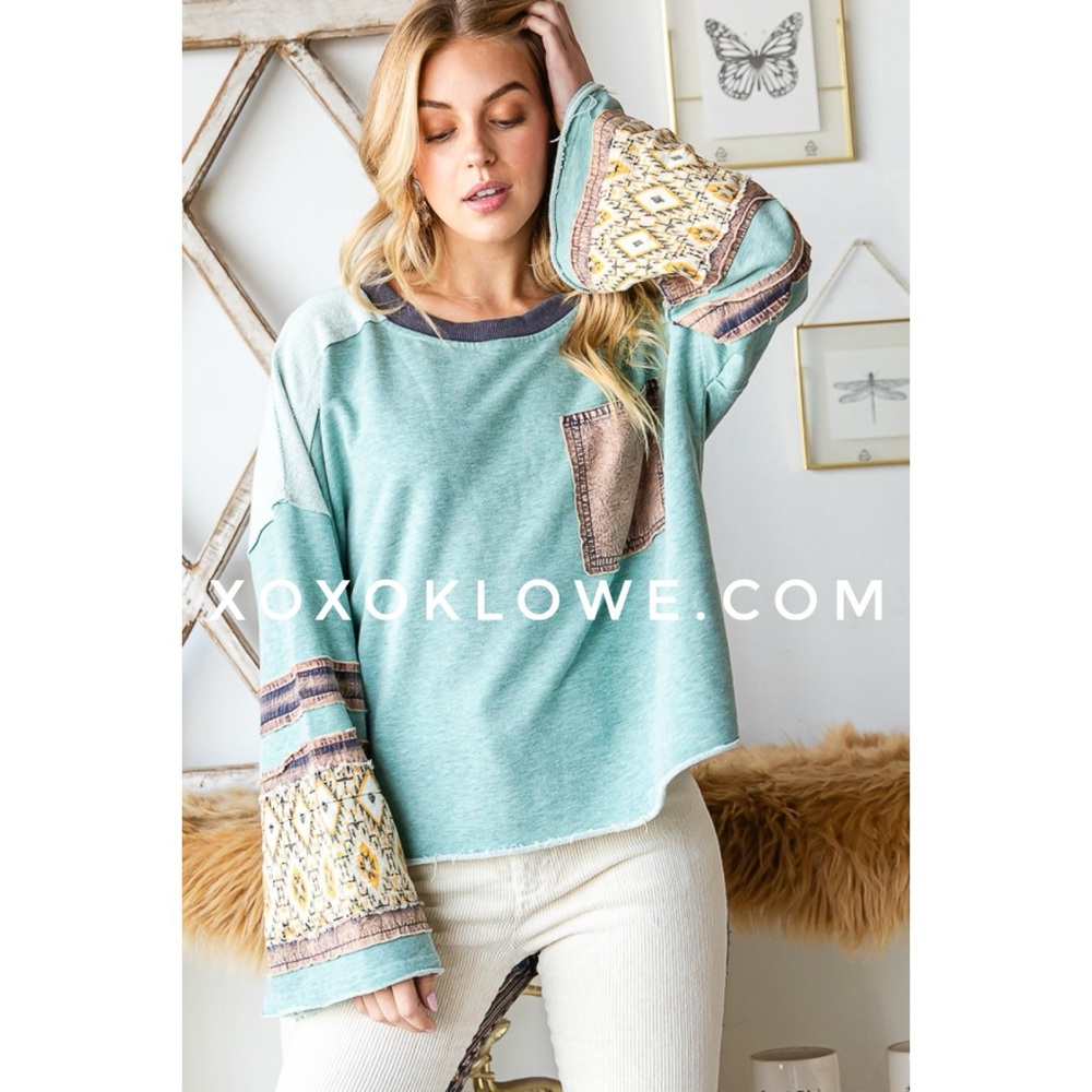 Oli & Hali Mixed Fabric Long Sleeve Top in Teal - Picture 7 of 10